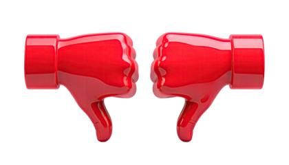 Two glossy, red thumbs-down emojis side-by-side against a transparent black background