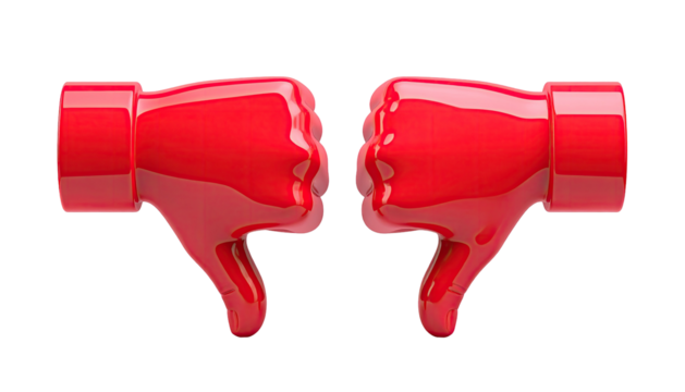 Two glossy, red thumbs-down emojis side-by-side against a transparent black background