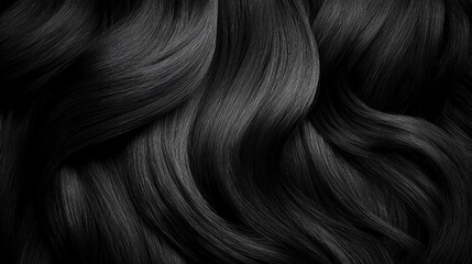 Naklejka premium A close-up of smooth, flowing black hair, showcasing its shine and texture through elegant, wavy patterns.