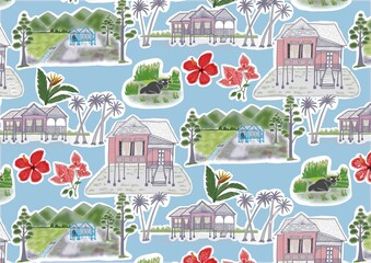 Vector illustration of a malay village with Perak traditional house under blue background
