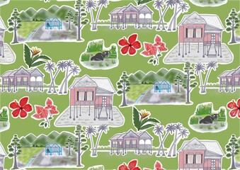 Vector illustration of a malay village with Perak traditional house under green background