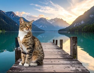 Cat on a mountain lake dock at sunset