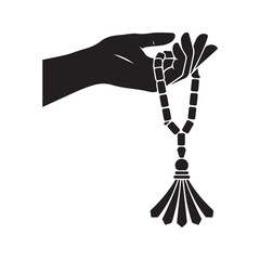 Silhouette of a hand holding Islamic prayer beads (Tasbih). Black vector icon representing Muslim worship, faith, and spirituality.
