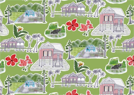 Vector illustration of a malay village with Perak traditional house under green background