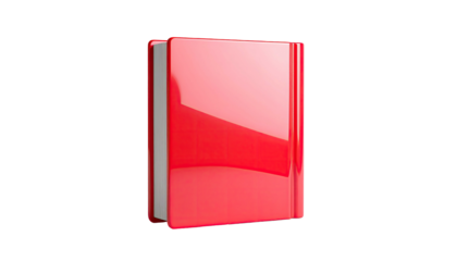 Glossy red book icon stands upright against a black background, sleek and modern