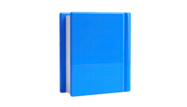Blue book, glossy cover, upright on black background, 3D render