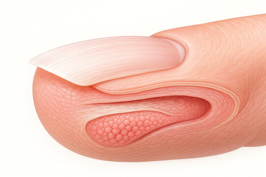Detailed anatomical illustration of a fingernail and fingertip cross-section, showcasing the nail bed, cuticle, and underlying skin layers.