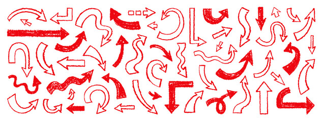 Red Arrow set. Crayon Red line arrows. Hand drawn pencil, brush, marker, chalk pen bold and line arrows. Underline color emphasis stroke. Doodle sketch handwritten up down element. Highlight vector bg
