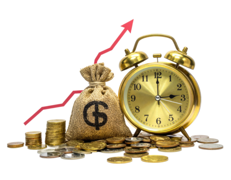 Golden coins, a money bag, and a clock, all representing financial growth