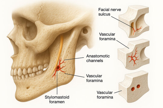 Anatomical Illustration of Human Skull with Focus on Facial Nerve and Vascular Structures