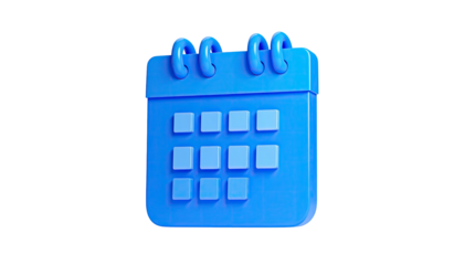 3D rendered blue calendar icon, showing a schedule on a stark black backdrop