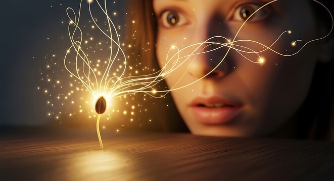 A woman looks on in wonder at a glowing seed sprouting on a table.