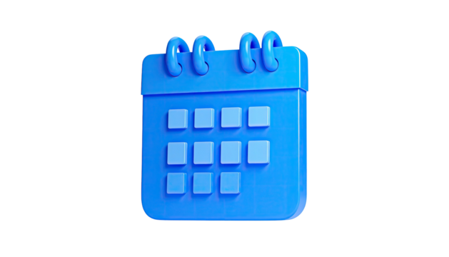 3D rendered blue calendar icon, showing a schedule on a stark black backdrop