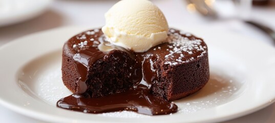 Indulgent Chocolate Lava Cake Served with Creamy Vanilla Ice Cream and a Dusting of Powdered Sugar