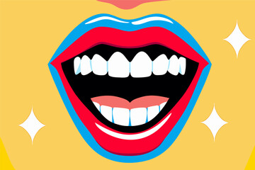 Vibrant Pop Art Illustration of a Wide Smile with Bright White Teeth, Dental Health Concept