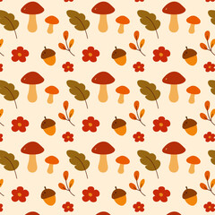 Seamless autumn pattern with mushrooms, acorns, leaves and flowers on beige background