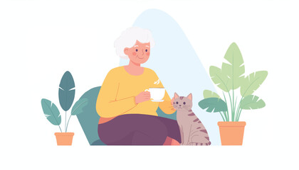 Cozy domestic scene featuring a senior woman enjoying a quiet cup with her pet cat, surrounded by houseplants in a comfortable, peaceful environment