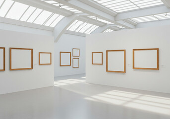 Stunning minimalist art gallery with empty frames bathed in natural light, perfect for showcasing your creative vision and modern design concepts.