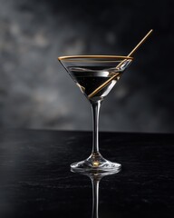 Elegant Cocktail: A crystal martini glass, meticulously crafted with a golden rim and a stylish swizzle stick, graces a reflective surface, set against a dark, atmospheric background.