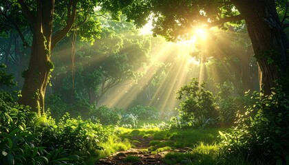Obraz premium Lush Green Forest Path with Sunlight Streaming Through Trees in Summer Landscape, Scenic Nature Scenery, Environmental Ambiance, Vibrant Greenery