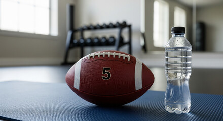 A football placed on yoga mat with a water bottle next to it, positioned neatly to the right side. The left side remains uncluttered fitness studio background. Natural light emphasizes sporty lifestyl