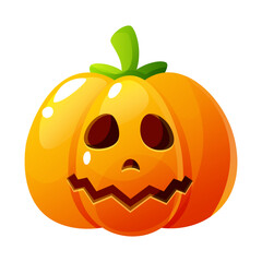 A pumpkin, a symbol of Halloween, on a white background. An orange pumpkin with a facial expression, emotion, eyes, and a smile. Clipart, icon, for Halloween designs.