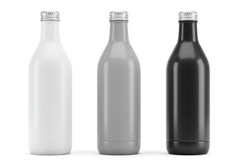 Three sleek, modern bottles in white, grey, and black stand ready for beverage branding and product showcasing.