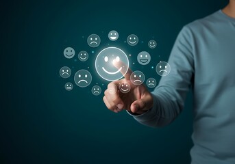 Man Selecting Five Star Rating with Glowing Smiley Face Icon. Generative Ai