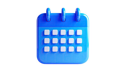 A 3D rendered, glossy, blue calendar, floating against a stark black background