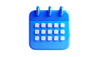 A 3D rendered, glossy, blue calendar, floating against a stark black background
