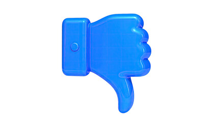Glossy, blue hand with thumb down on black background, signifying disapproval