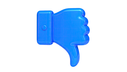 Glossy, blue hand with thumb down on black background, signifying disapproval