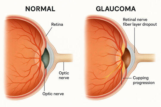 Diagram comparing a normal eye to an eye affected by glaucoma, illustrating optic nerve damage and retinal nerve fiber layer dropout.