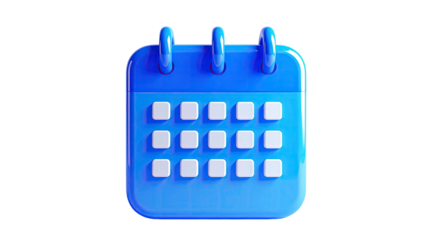 A 3D rendered, glossy, blue calendar, floating against a stark black background
