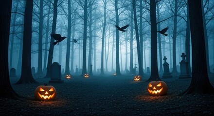 Eerie Halloween night scene with glowing carved pumpkins in a dark, foggy forest cemetery under a mysterious blue light with flying birds.