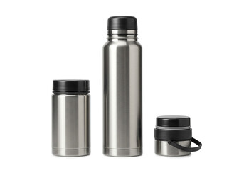 Sleek stainless steel water bottles and food jar set designed for modern active lifestyles, perfect for travel and outdoor adventures.
