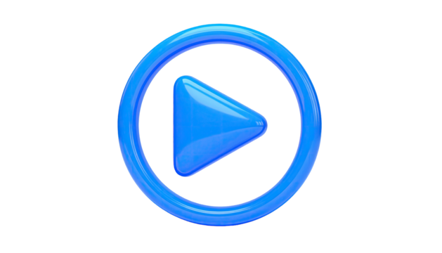 Glossy blue button, a circle with a triangle, on a black background