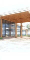 Naklejka premium Chic Wooden Faceted Building Design Surrounded by Lush Greenery and Beautiful Scenic Outdoor Views