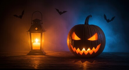 Spooky Halloween night with glowing jack-o'-lantern, antique candle lantern, and flying bats in a mysterious, foggy atmosphere.
