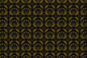Yellow Fan Shaped Geometric Art Deco Pattern on Black