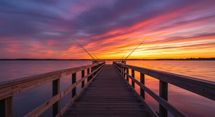 Wooden pier extends over tranquil water with vibrant sunset sky