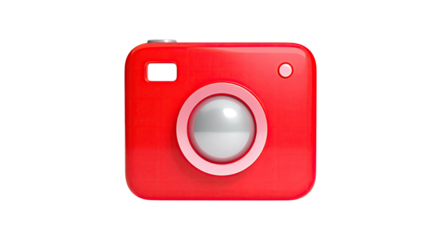 Red, glossy, square camera icon with a white lens, set against a black background