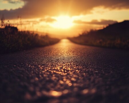 Asphalt road disappearing into golden sunset