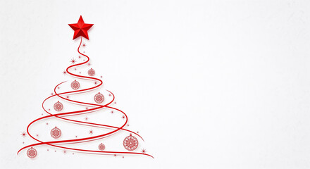 Minimalist red Christmas tree design with swirling ribbon and ornate baubles on white