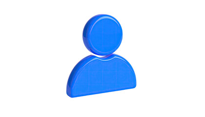 A glossy blue figure, representing a person, floats against a stark black background