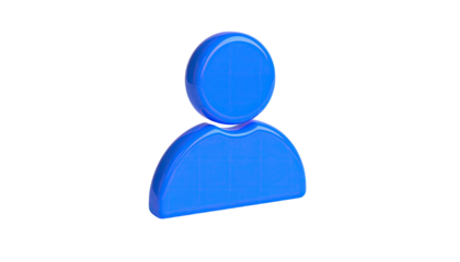 A glossy blue figure, representing a person, floats against a stark black background