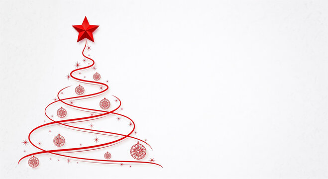 Minimalist red Christmas tree design with swirling ribbon and ornate baubles on white