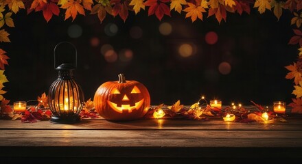 Festive Halloween Scene: Glowing Jack-o'-Lantern, Lit Lantern, Warm Candles, and Colorful Autumn Leaves on Rustic Wood Table Background