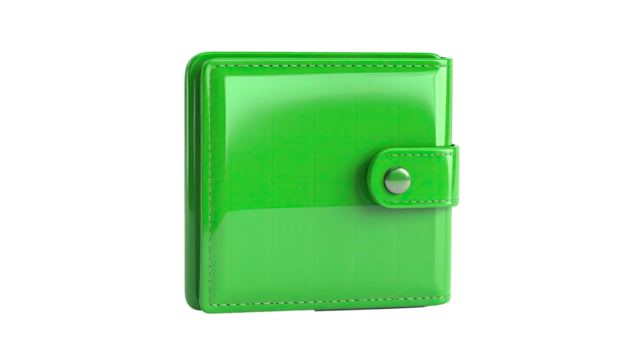 Shiny, glossy, square, emerald-green wallet with button clasp isolated on black - Powered by Adobe