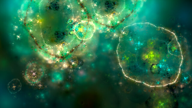Cells or microorganisms seen through a microscope. Abstract background. Fractal render.